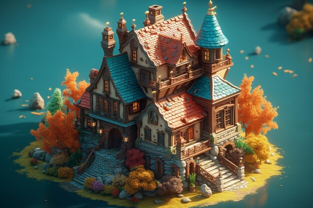 3d render of fantasy castle on the lake with autumn trees