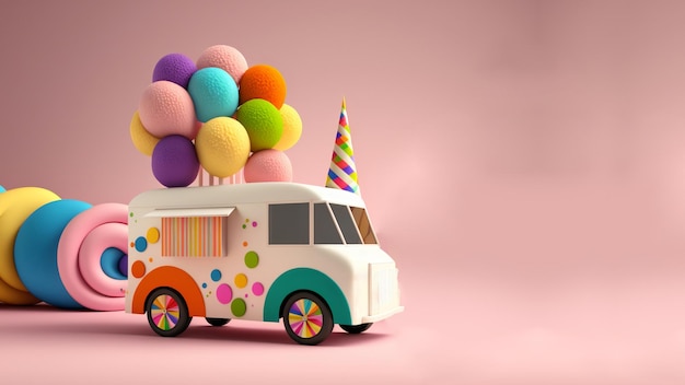 3D Render Fantasy Colorful Food Truck of Candyland On Pink Background