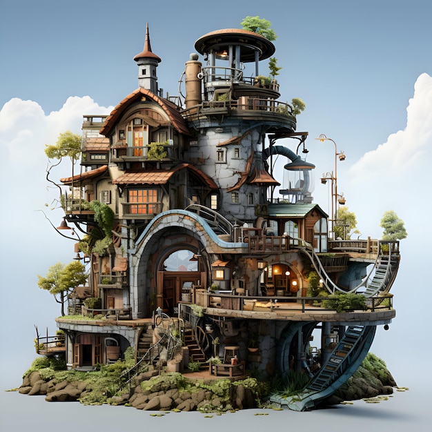 3D render of a fantasy fairy tale house on the island