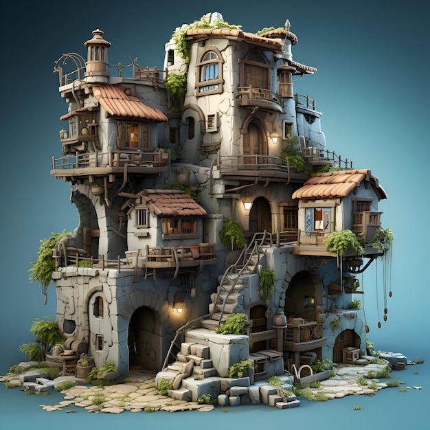 3D render of a fantasy house with balconies and stairs made of stone