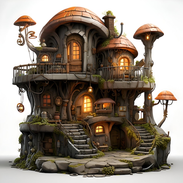 3D render of a fantasy house with a garden and stairs