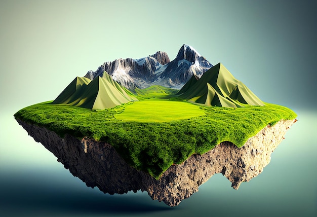3D рендеринг фантастического пейзажа с горами и лугом, генерирующий искусственный интеллект