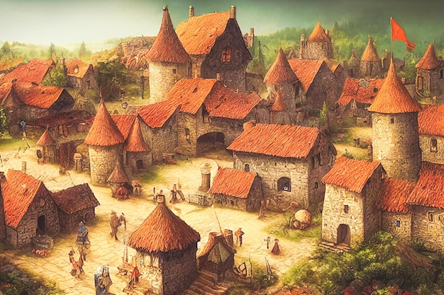 3D render of fantasy medieval village with a lot of buildings Digital art illustration