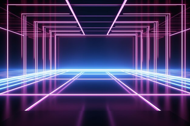 3D render featuring an empty room with floor reflections and an abstract neon background with glowing lines