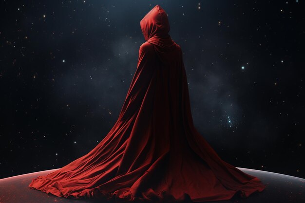 3d render of a female in cloak against a space sky