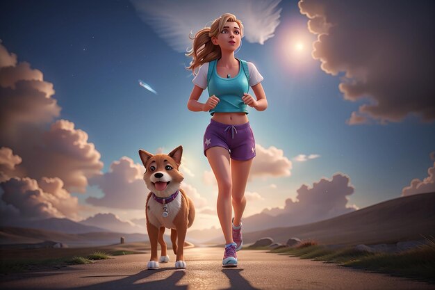 3d render of a female jogging with her dog against a space sky