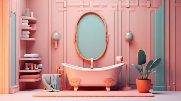 3D render of feminine bathroom with cute bathtub and mirror