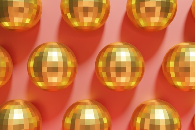 Photo 3d render of festive shiny gold disco balls pattern