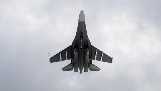 3D render figter jet in de lucht militaire vliegtuigen onderaanzicht