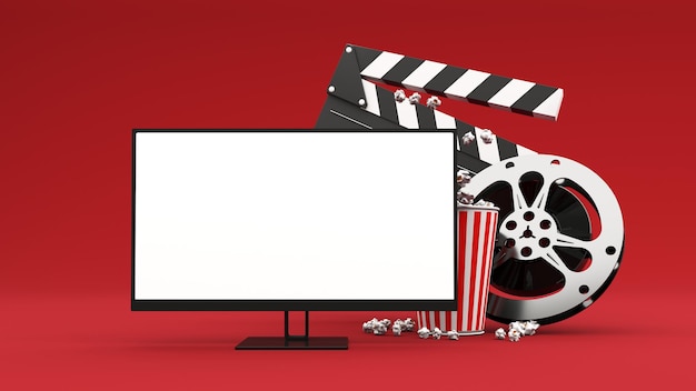 3D-рендер элементов киноиндустрии камеры билеты попкорн кино стул для рекламы кино