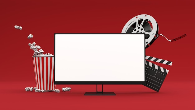 3D-рендер элементов киноиндустрии камеры билеты попкорн кино стул для рекламы кино