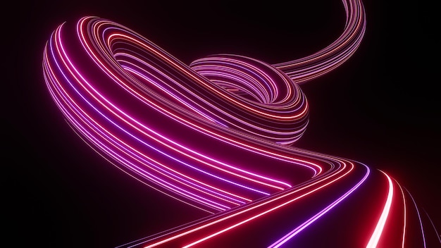 Rendering 3d di neon flash e luce che si illumina su una scena scura linee di movimento della luce di velocità