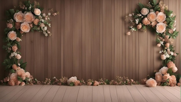 Photo 3d render of floral background with flowers and wooden wall with copy space