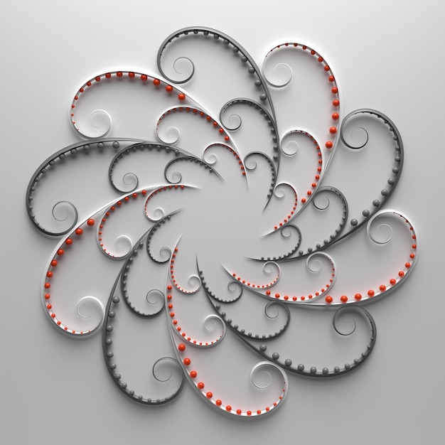 Photo 3d render of floral composition. repeat of curl elements with spheres. beautiful decorative art.