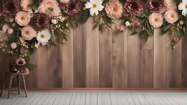 3d render of flowers and wooden wall background with copy space