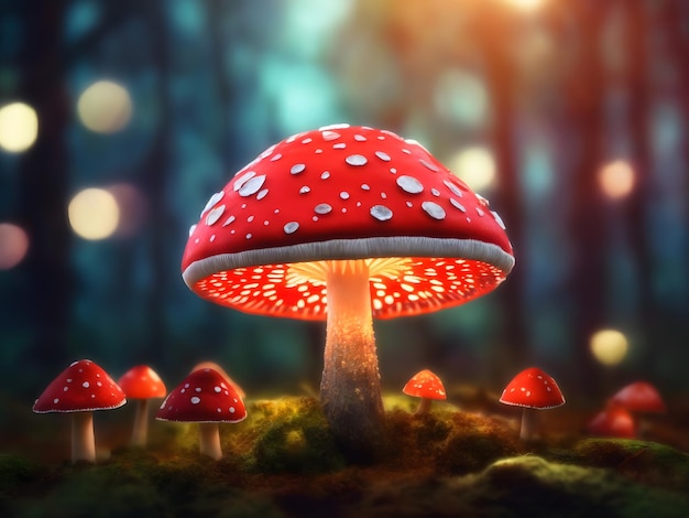 3d render of fly agaric mushroom in a forest with bokeh lights