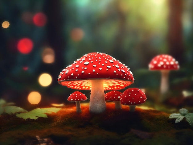 3d render of fly agaric mushroom in a forest with bokeh lights