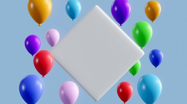 Фото 3d-рендеринг flying color full balloon и белый квадратный холст на голубом фоне