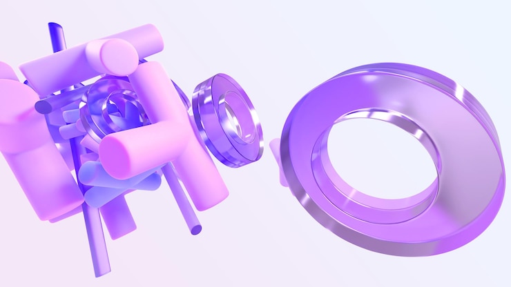 Photo 3d render flying geometric shapes on abstract background glass or crystal hologram rings glossy tubes pink and purple crosses with gradient texture fashion wallpaper pattern