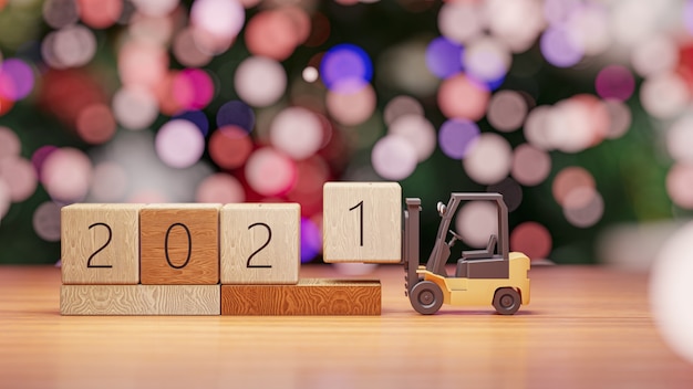 3Dレンダリング。フォークリフトは新年とクリスマスの壁に2021年の木のブロックを持ち上げます。