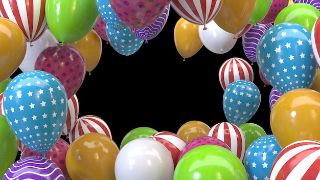 3D render frame van veelkleurige ballonnen op een zwarte achtergrond