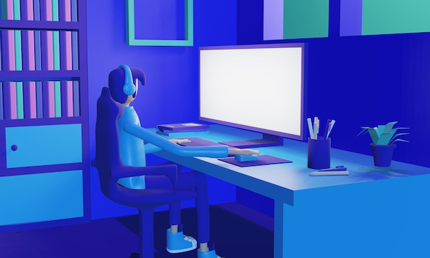 3D render freelancer blauwe kleur