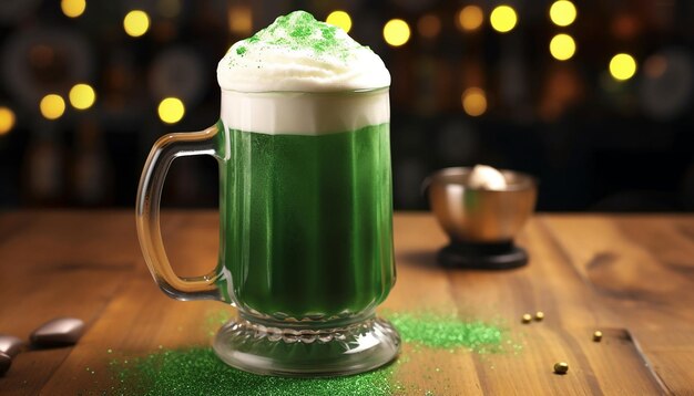 Photo 3d render of a frothy mug of green beer with droplets condensing on the outside