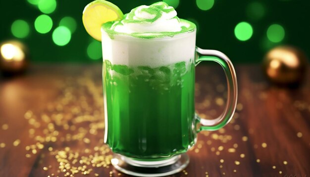 Photo 3d render of a frothy mug of green beer with droplets condensing on the outside