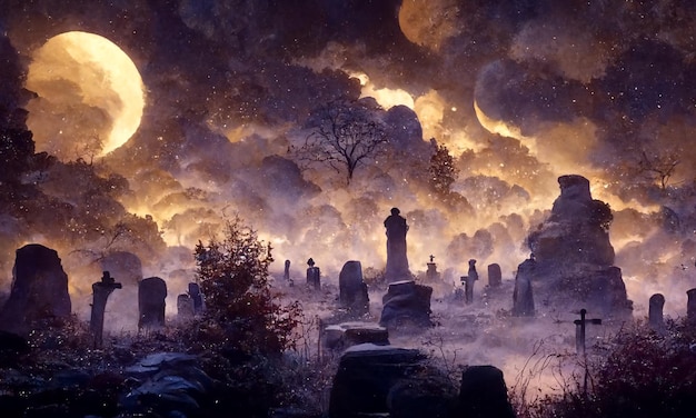 3D render of under a full moon in a dark sky cemetery at night with tombstones and graves Halloween