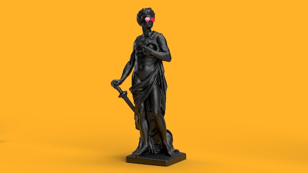 3d render fulllength black sculpture with a wreath on his head in sunglasses art background