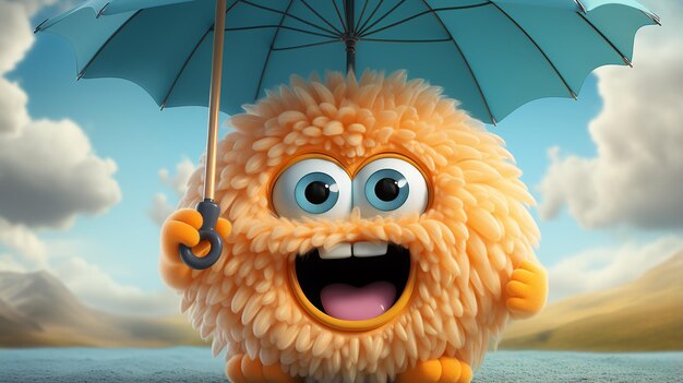 3D Render Funny Yeti Cartoon Character Holding Umbrella