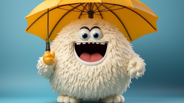 3D Render Funny Yeti Cartoon Character Holding Umbrella