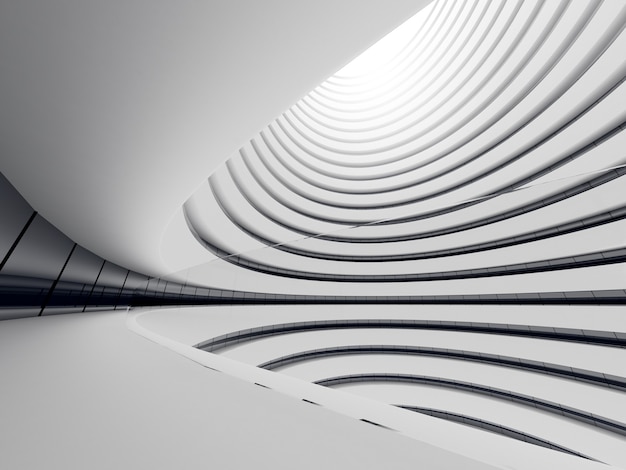 미래 건축의 3D 렌더링, 곡선 유리창이 있는 마천루 건물.