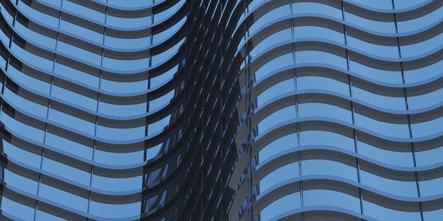 Photo 3d render of futuristic architecture, skyscraper building with curve glass window.