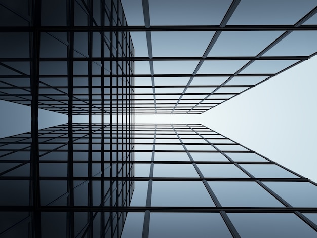 Foto rendering 3d di architettura futuristica, edificio grattacielo con finestra di vetro.