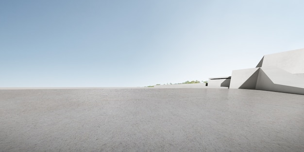 3d render of futuristic concrete architecture with car park, empty cement floor.