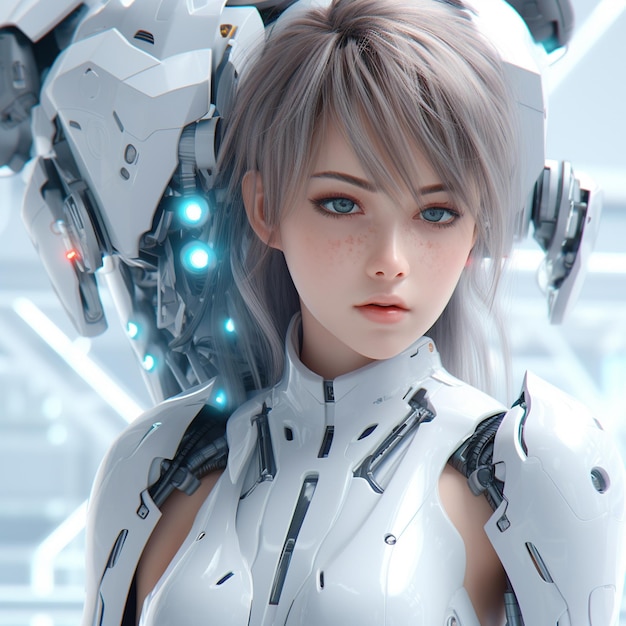 3d render of futuristic cyber robot anime girl in futuristic robot lab and machines generated by ai