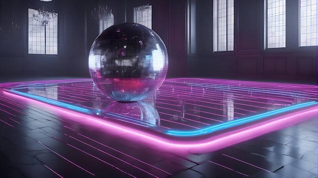 3d render of a futuristic interior with neon lights and a crystal ball