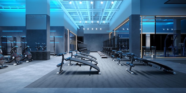 Rendering 3d di un moderno centro fitness futuristico in palestra