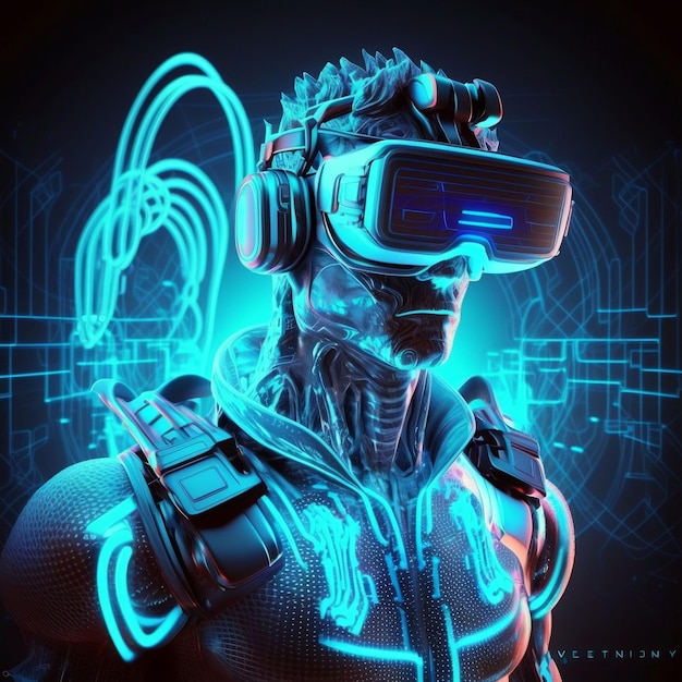 3D render futuristic neon background Visualization of a man wearing virtual reality glasseselect