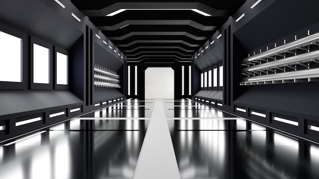 3D Render футуристическая комната, коридор космического корабля, светящиеся огни, зеркальный пол