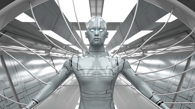 Photo 3d render. futuristic scene and humanoid figure