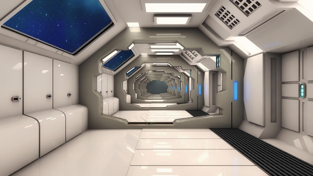 3Dレンダリング未来の宇宙船内部回廊