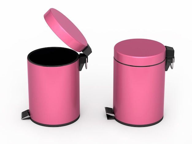 Photo 3d render garbage cans pink (isolated on white and clipping path)