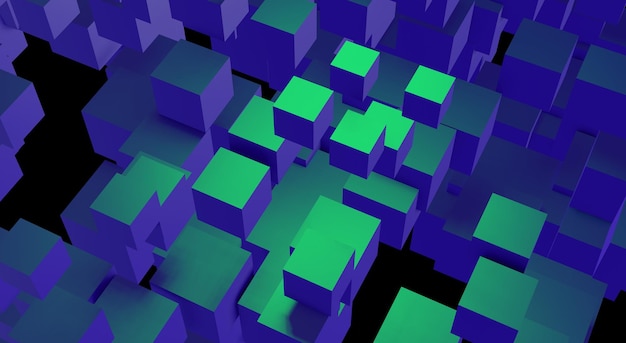 3D render gegevensbeveiliging abstracte achtergrond met vliegende paarse en groene blokjes.