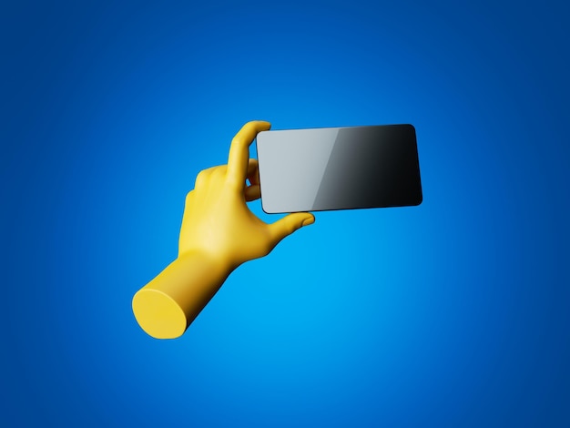 3D render gele hand houdt zwarte smartphone met glanzend touchscreen