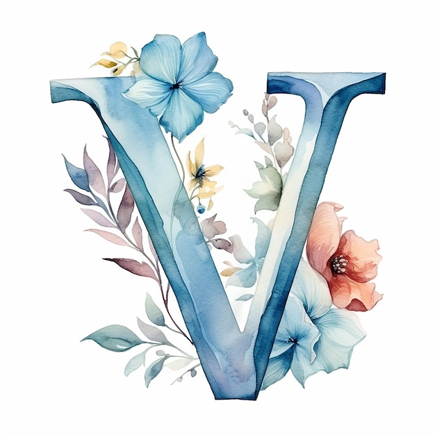 3d render generic logo watercolor floral alcohol ink with letter V