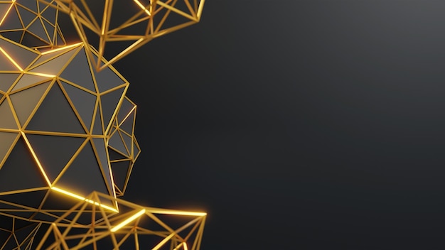 3d render geometric black abstract background with gold wireframe