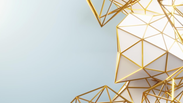 3d render geometric white abstract background with gold wireframe