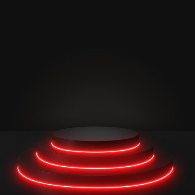 Render 3d linee geometriche e luminose, tunnel, luci al neon rosse, sfondo astratto, con podio nero.